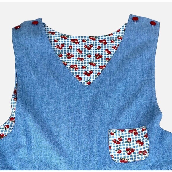 Vintage Chambray Apple Print Jumper Pinafore Dress Cottagecore Red Buttons M/L - Picture 9 of 13